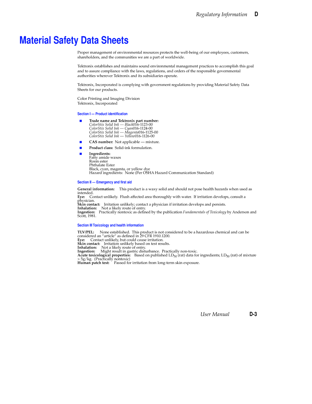 Tektronix Phaser 300X user manual Material Safety Data Sheets, Section I Product identiﬁcation 