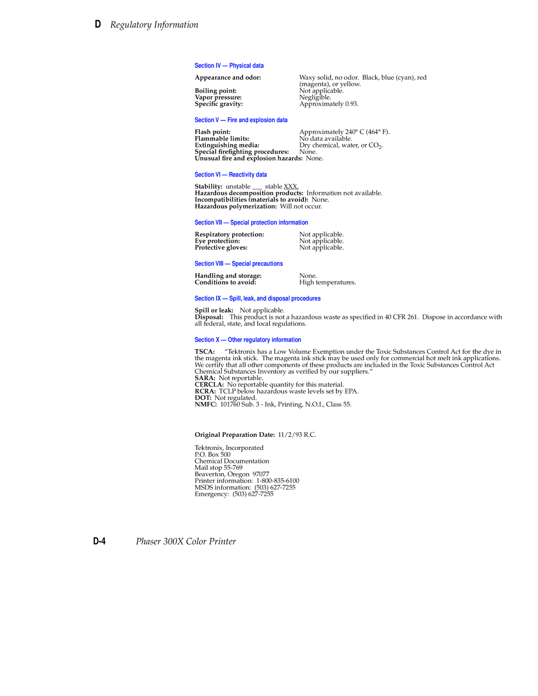 Tektronix Phaser 300X user manual Section IV Physical data 