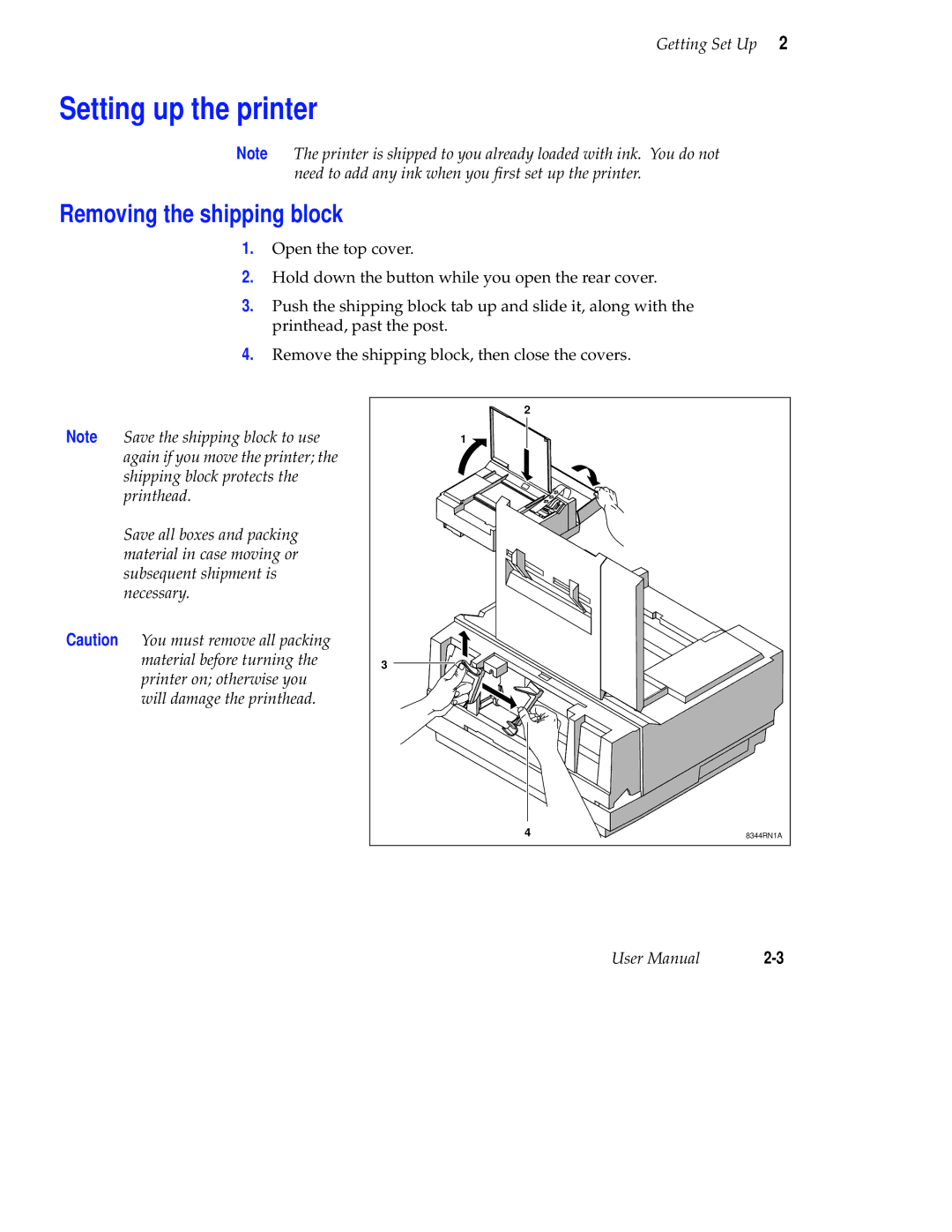 Tektronix Phaser 300X user manual Setting up the printer, Removing the shipping block 