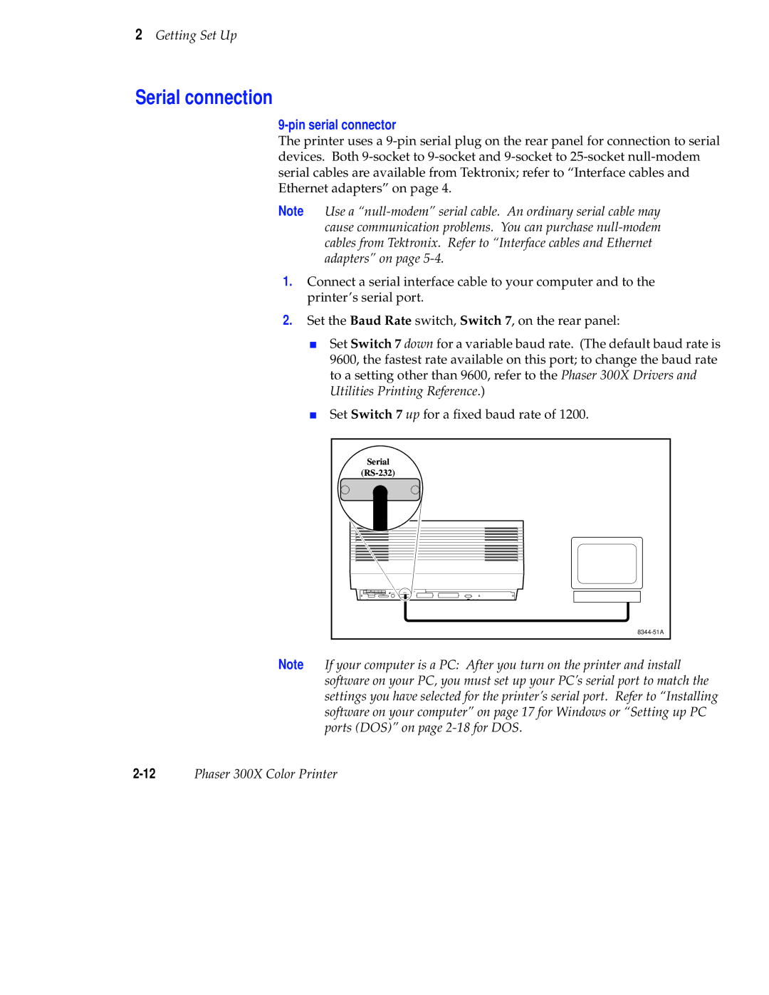 Tektronix Phaser 300X user manual Serial connection, Pin serial connector 