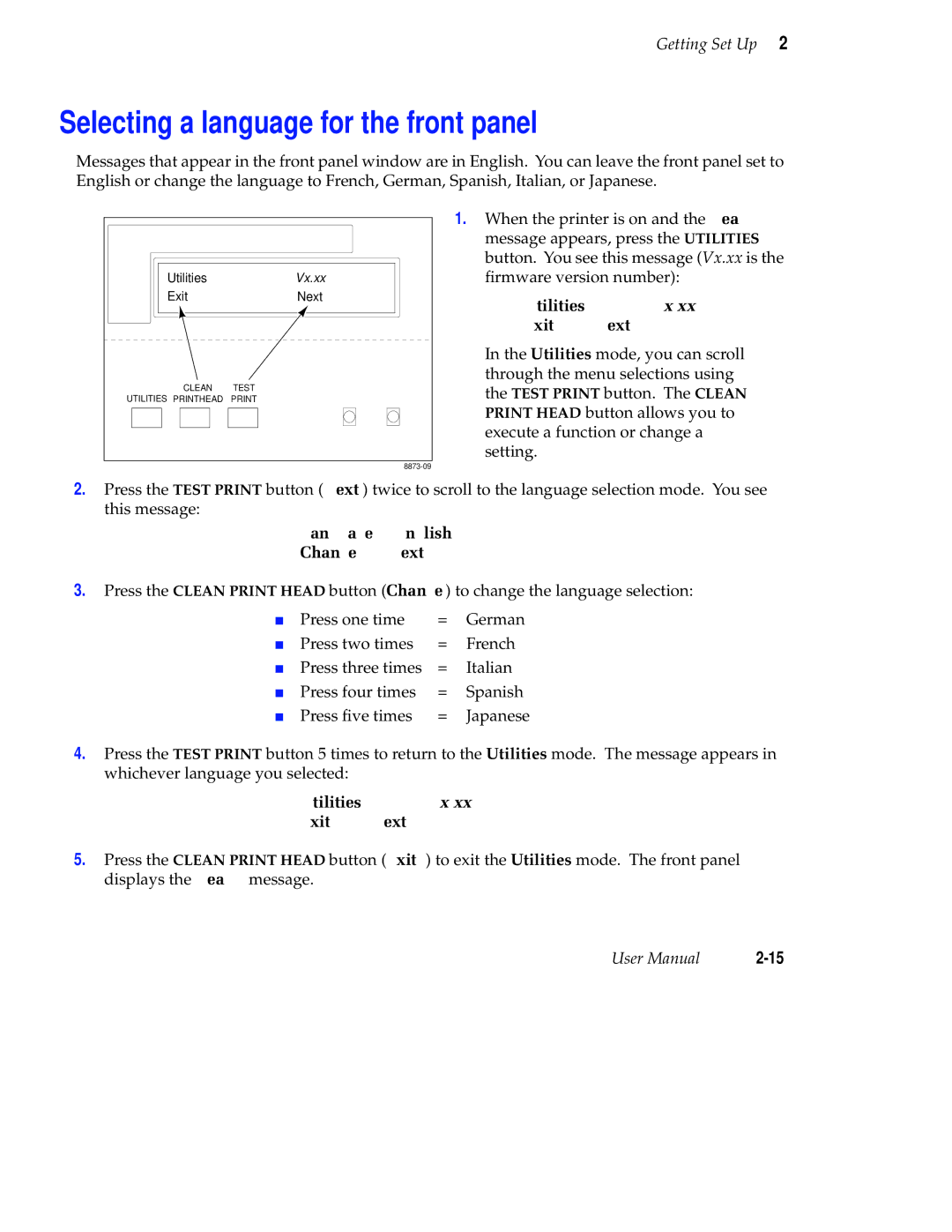 Tektronix Phaser 300X user manual Selecting a language for the front panel 