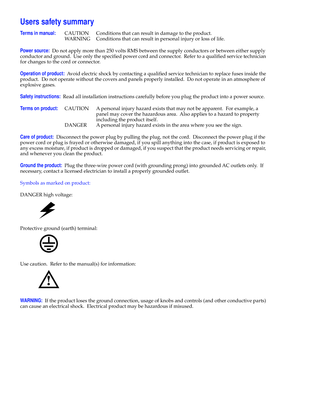 Tektronix Phaser 300X user manual Users safety summary, Terms in manual Caution, Terms on product Caution 