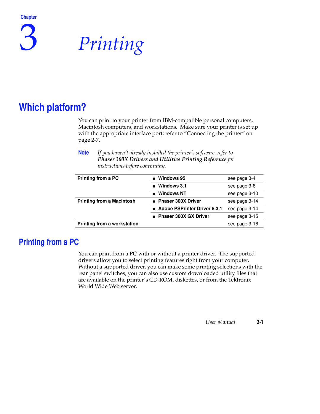 Tektronix Phaser 300X user manual Which platform?, Printing from a PC 