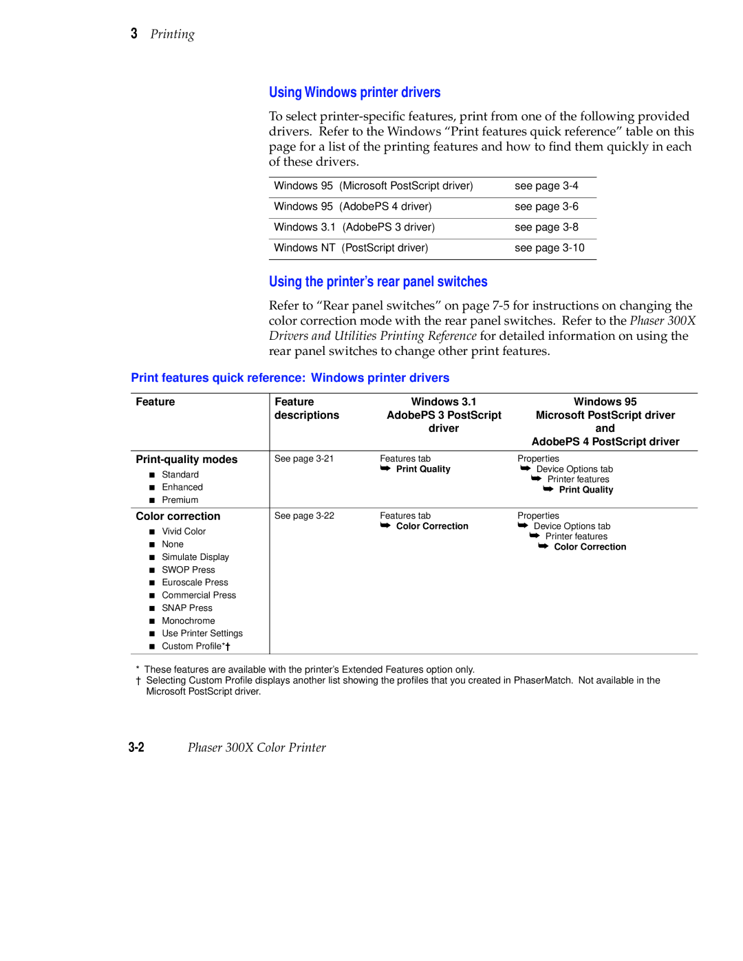 Tektronix Phaser 300X user manual Using Windows printer drivers, Using the printer’s rear panel switches, Feature Windows 