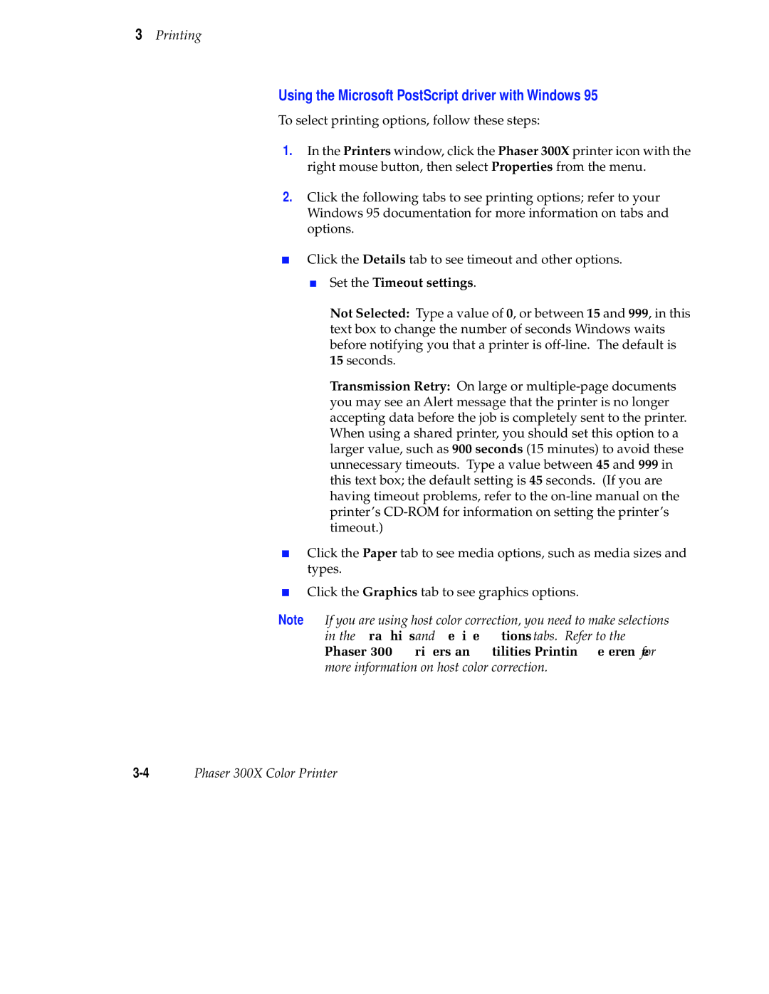 Tektronix Phaser 300X user manual Using the Microsoft PostScript driver with Windows, Set the Timeout settings 