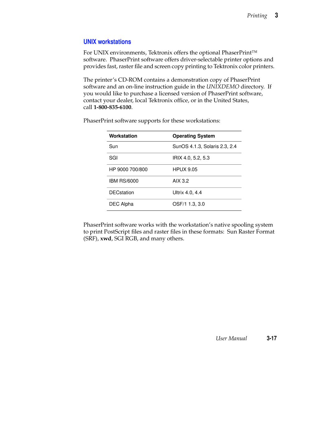 Tektronix Phaser 300X user manual Unix workstations, Workstation Operating System 