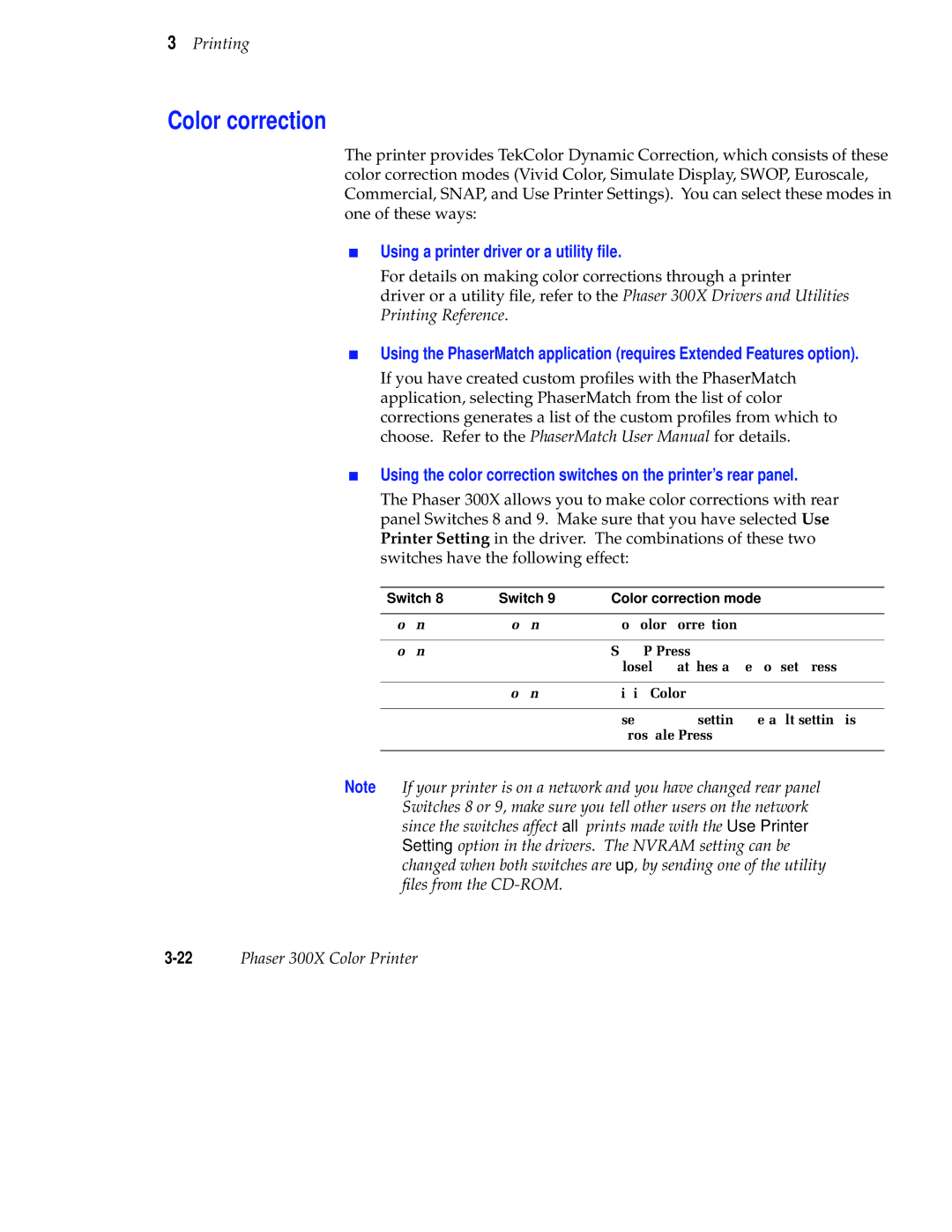 Tektronix Phaser 300X user manual Color correction, Using a printer driver or a utility ﬁle 