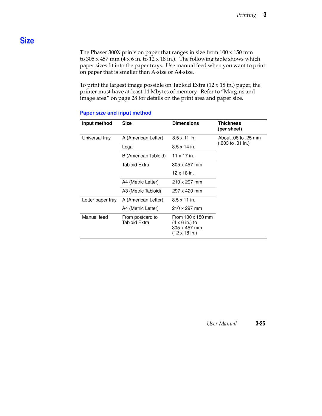 Tektronix Phaser 300X user manual Paper size and input method, Input method Size Dimensions Thickness Per sheet 