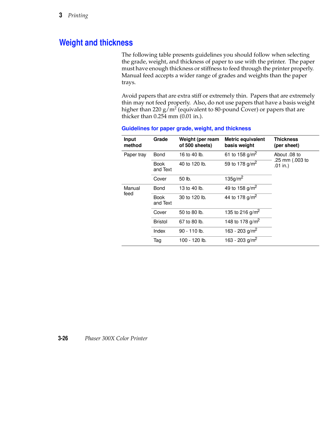 Tektronix Phaser 300X user manual Weight and thickness, Guidelines for paper grade, weight, and thickness 