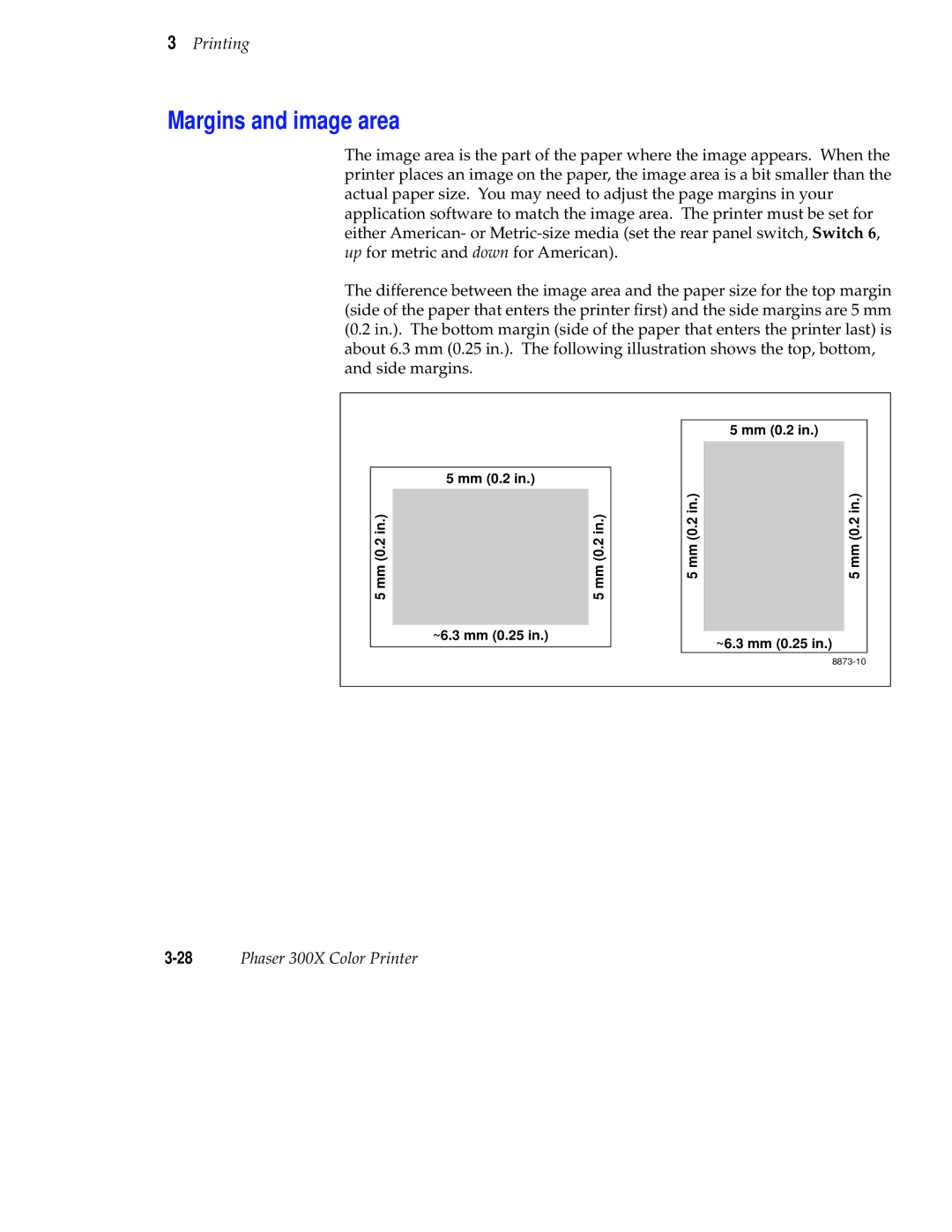 Tektronix Phaser 300X user manual Margins and image area, Mm 0.2 ~6.3 mm 0.25 