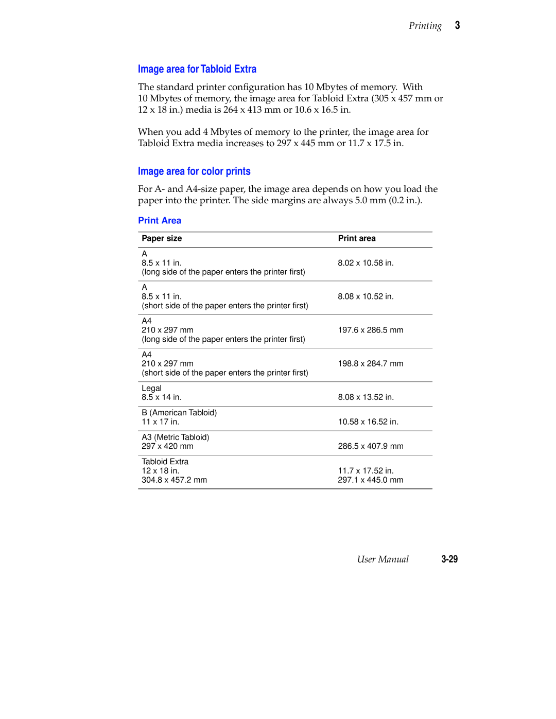 Tektronix Phaser 300X Image area for Tabloid Extra, Image area for color prints, Print Area, Paper size Print area 