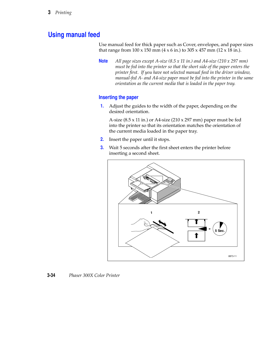 Tektronix Phaser 300X user manual Using manual feed, Inserting the paper 