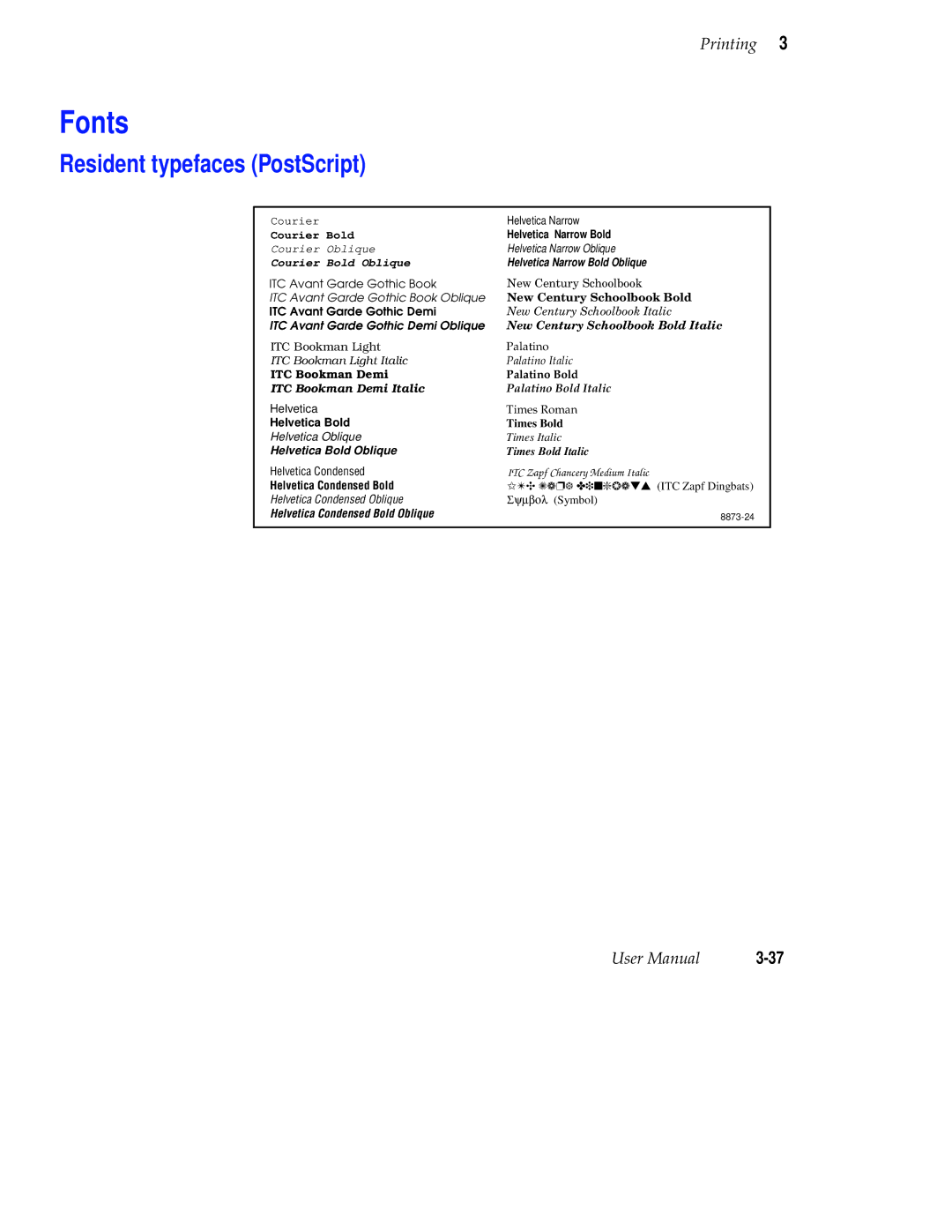 Tektronix Phaser 300X user manual Fonts, Resident typefaces PostScript 