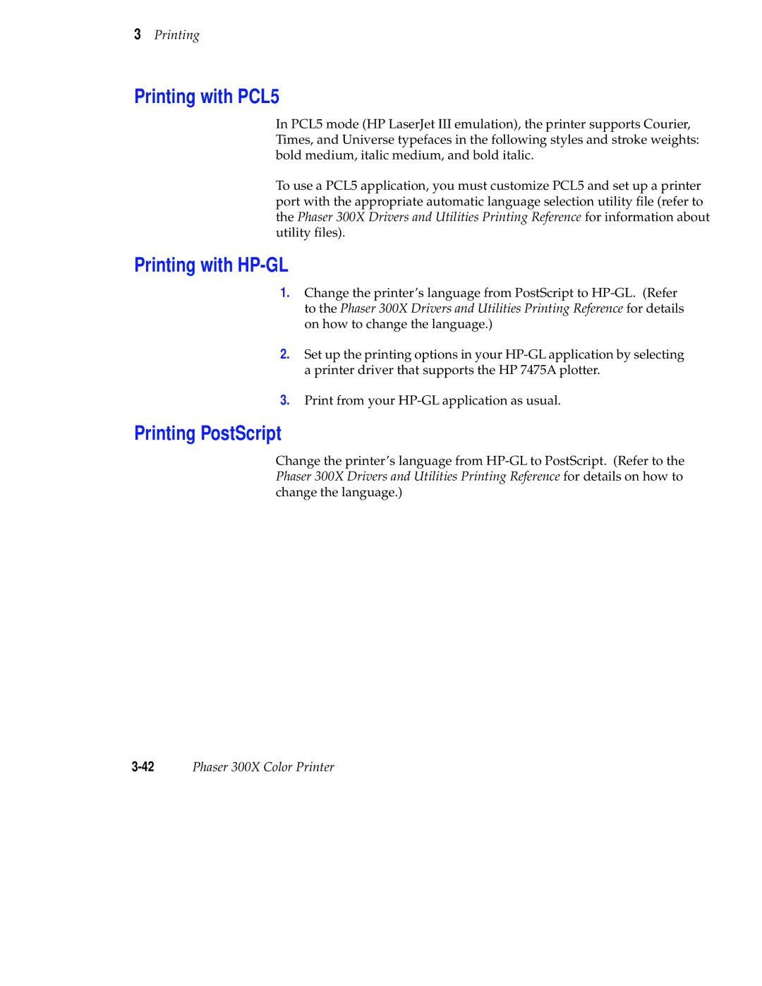 Tektronix Phaser 300X user manual Printing with PCL5, Printing with HP-GL, Printing PostScript 