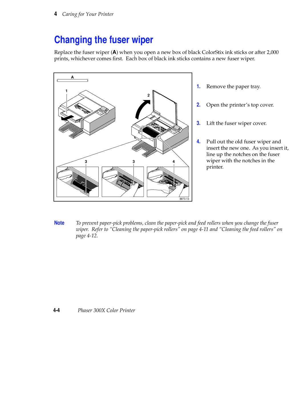 Tektronix Phaser 300X user manual Changing the fuser wiper 