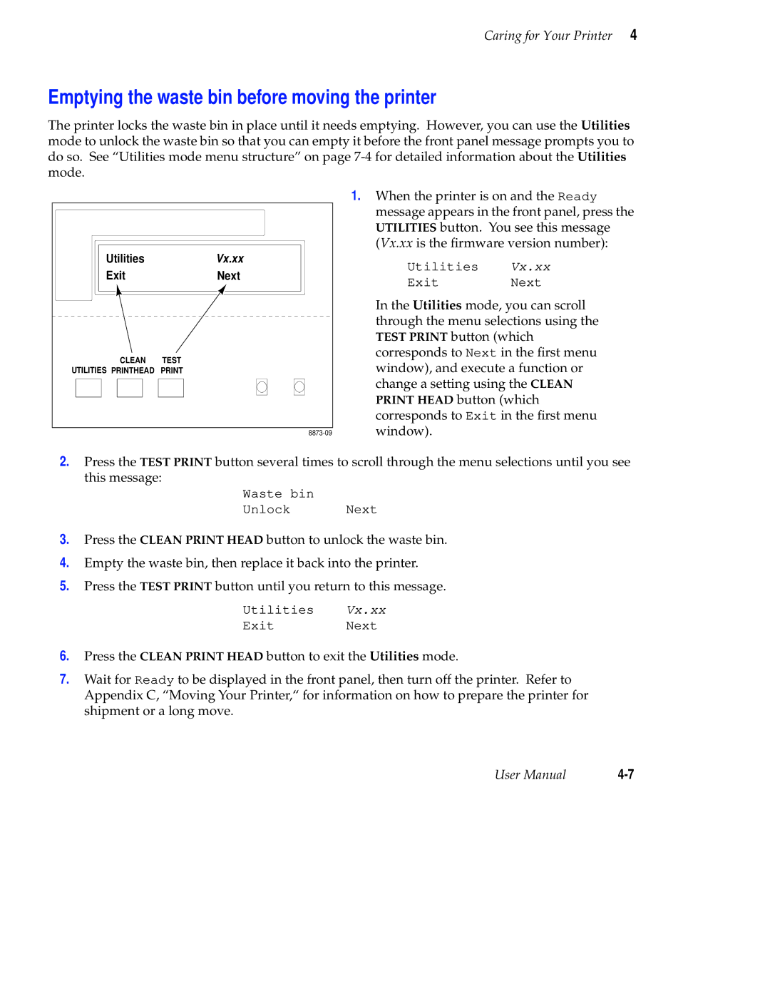 Tektronix Phaser 300X user manual Emptying the waste bin before moving the printer 