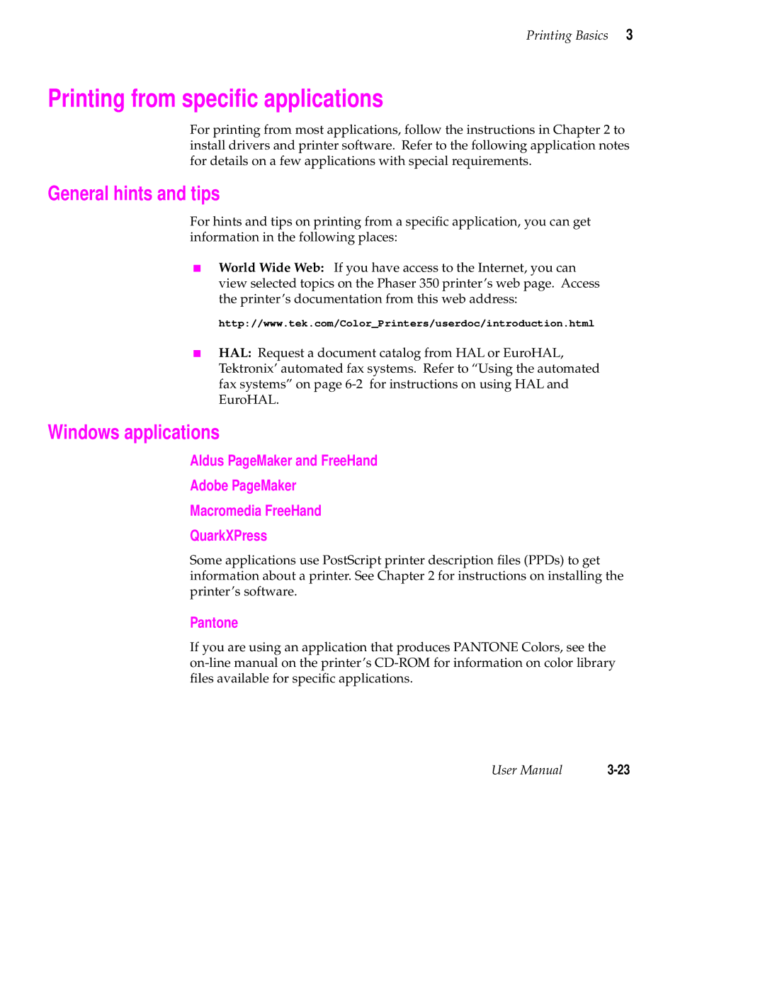 Tektronix Phaser 350 manual Printing from speciﬁc applications, General hints and tips, Windows applications, Pantone 