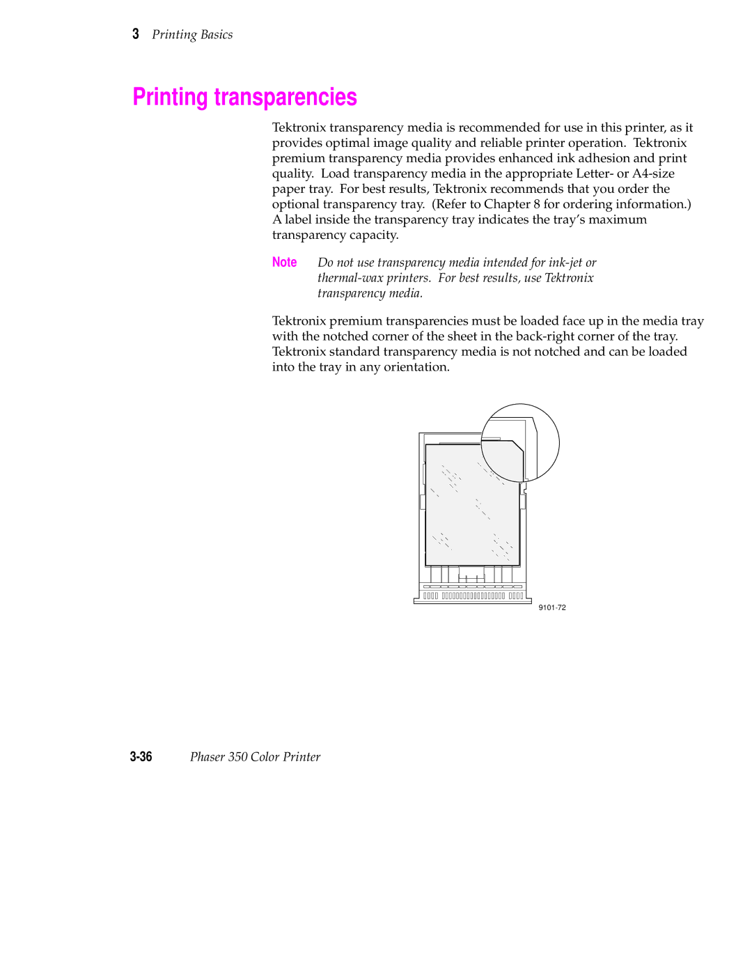 Tektronix Phaser 350 manual Printing transparencies 