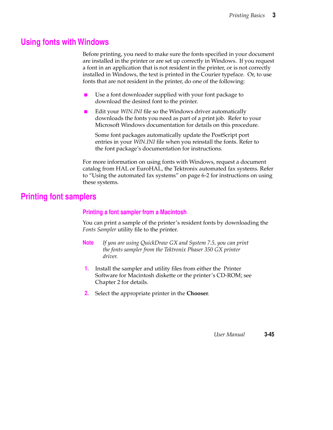 Tektronix Phaser 350 manual Using fonts with Windows, Printing font samplers, Printing a font sampler from a Macintosh 