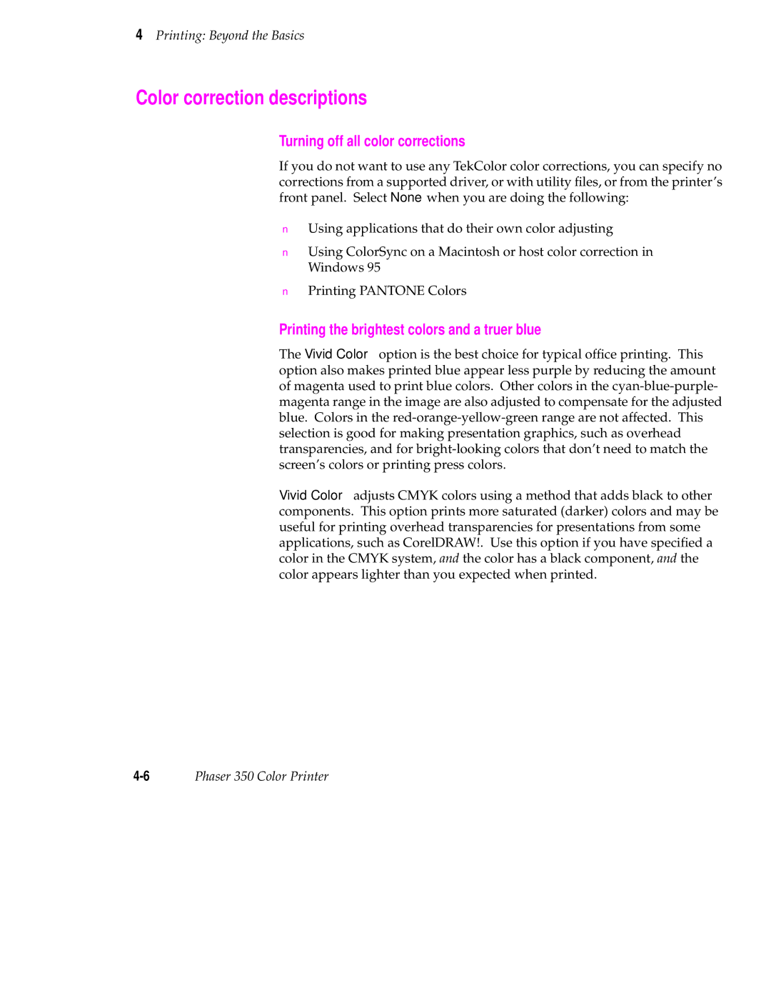 Tektronix Phaser 350 manual Color correction descriptions, Turning off all color corrections 