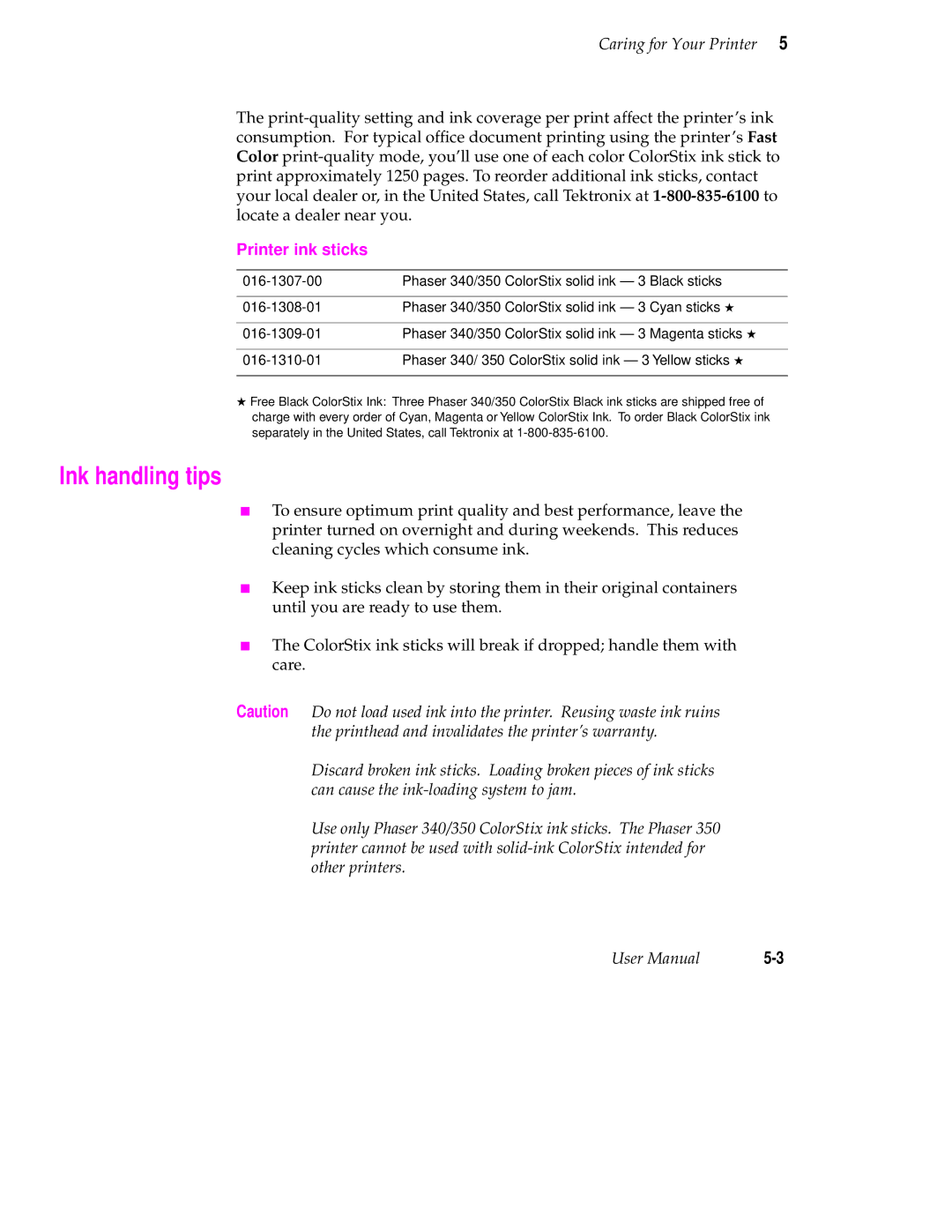 Tektronix Phaser 350 manual Ink handling tips, Printer ink sticks 