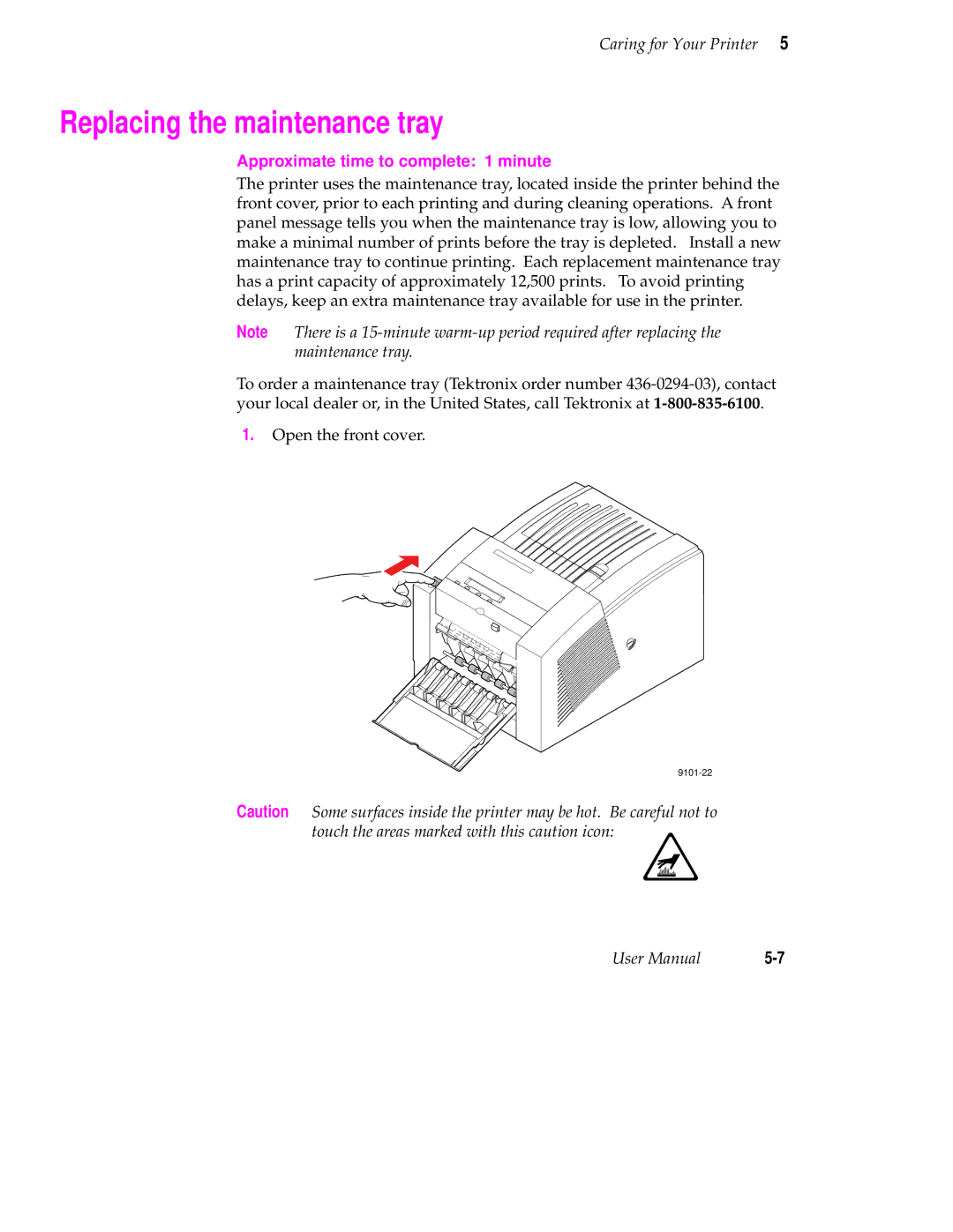 Tektronix Phaser 350 manual Replacing the maintenance tray 