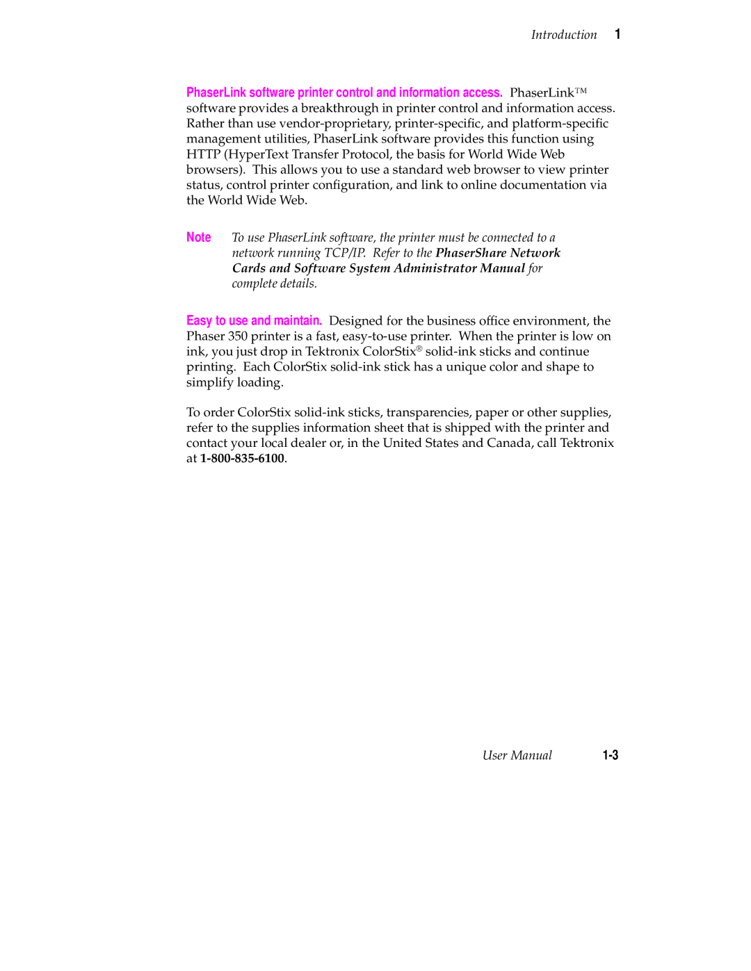 Tektronix Phaser 350 manual Introduction 