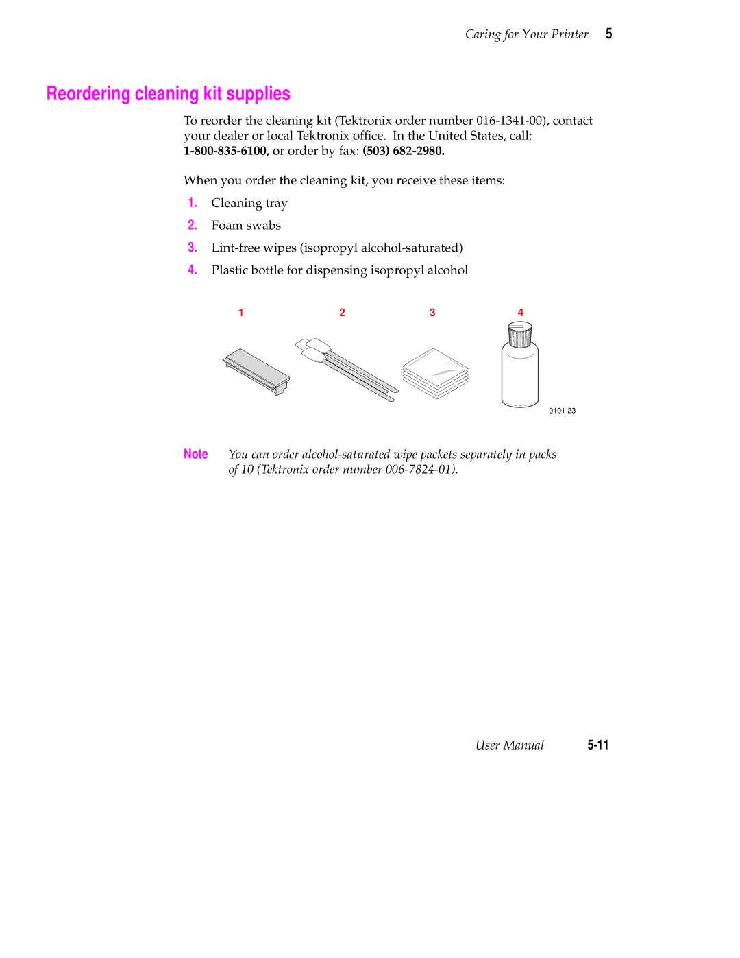 Tektronix Phaser 350 manual Reordering cleaning kit supplies 