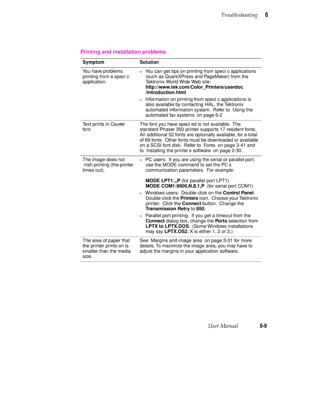 Tektronix Phaser 350 manual Introduction.html, Mode COM19600,N,8,1,P for serial port COM1, Transmission Retry to 