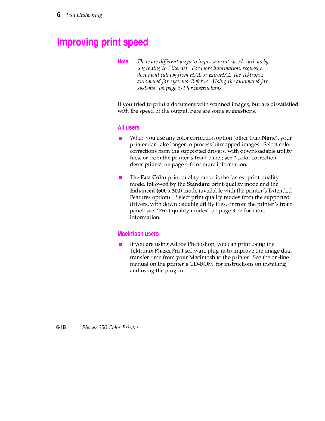 Tektronix Phaser 350 manual Improving print speed, All users, Macintosh users 