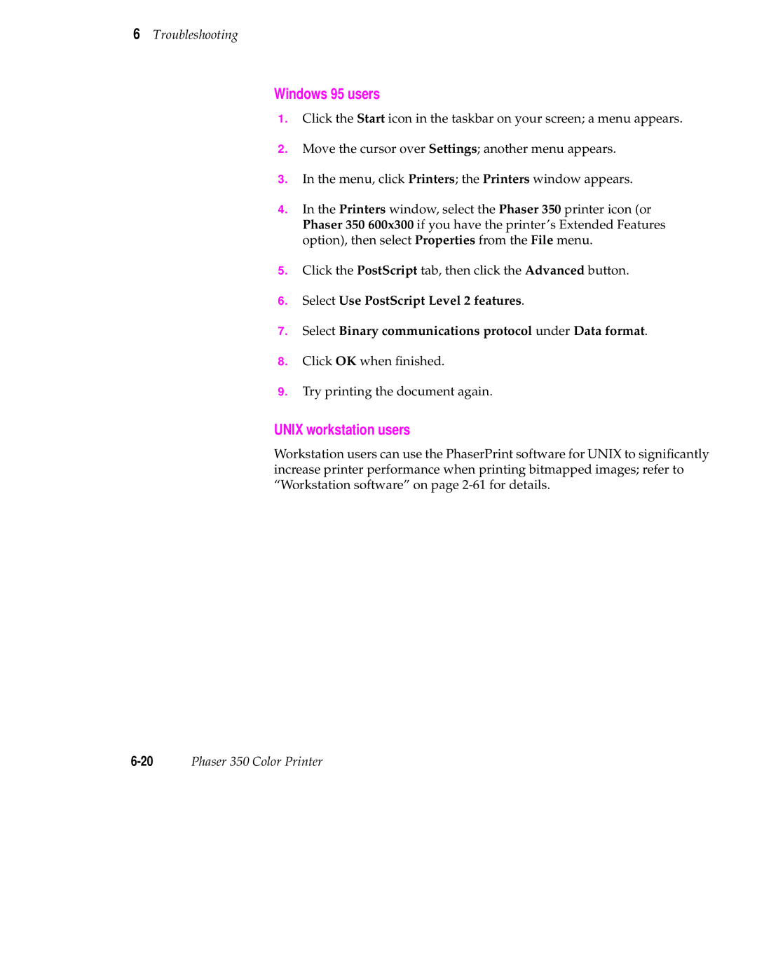 Tektronix Phaser 350 manual Windows 95 users, Unix workstation users 