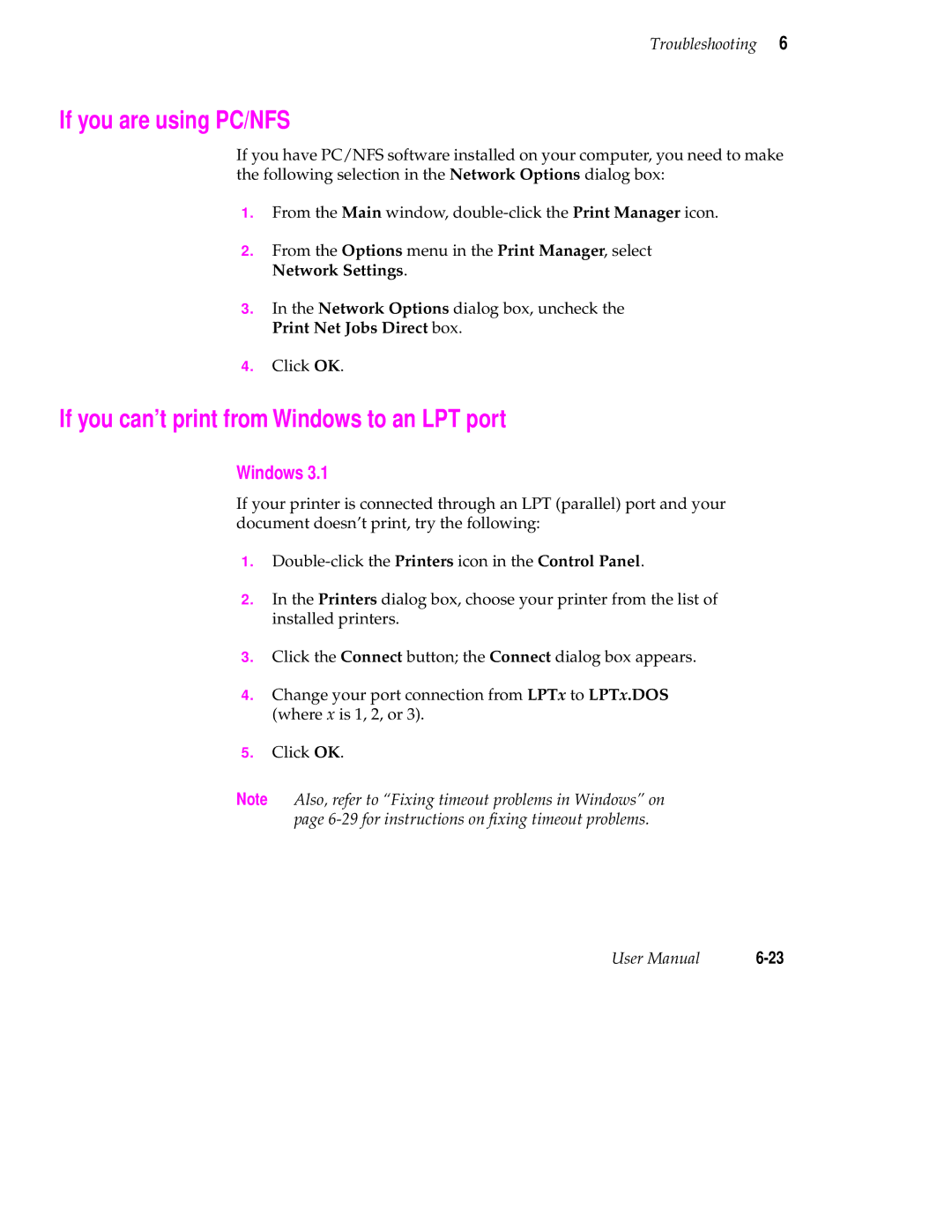 Tektronix Phaser 350 manual If you are using PC/NFS, If you can’t print from Windows to an LPT port 