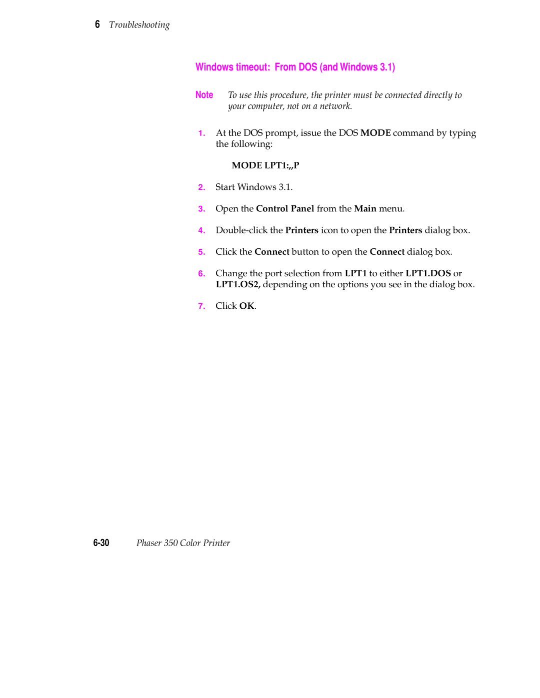 Tektronix Phaser 350 manual Windows timeout From DOS and Windows, Mode LPT1,,P 