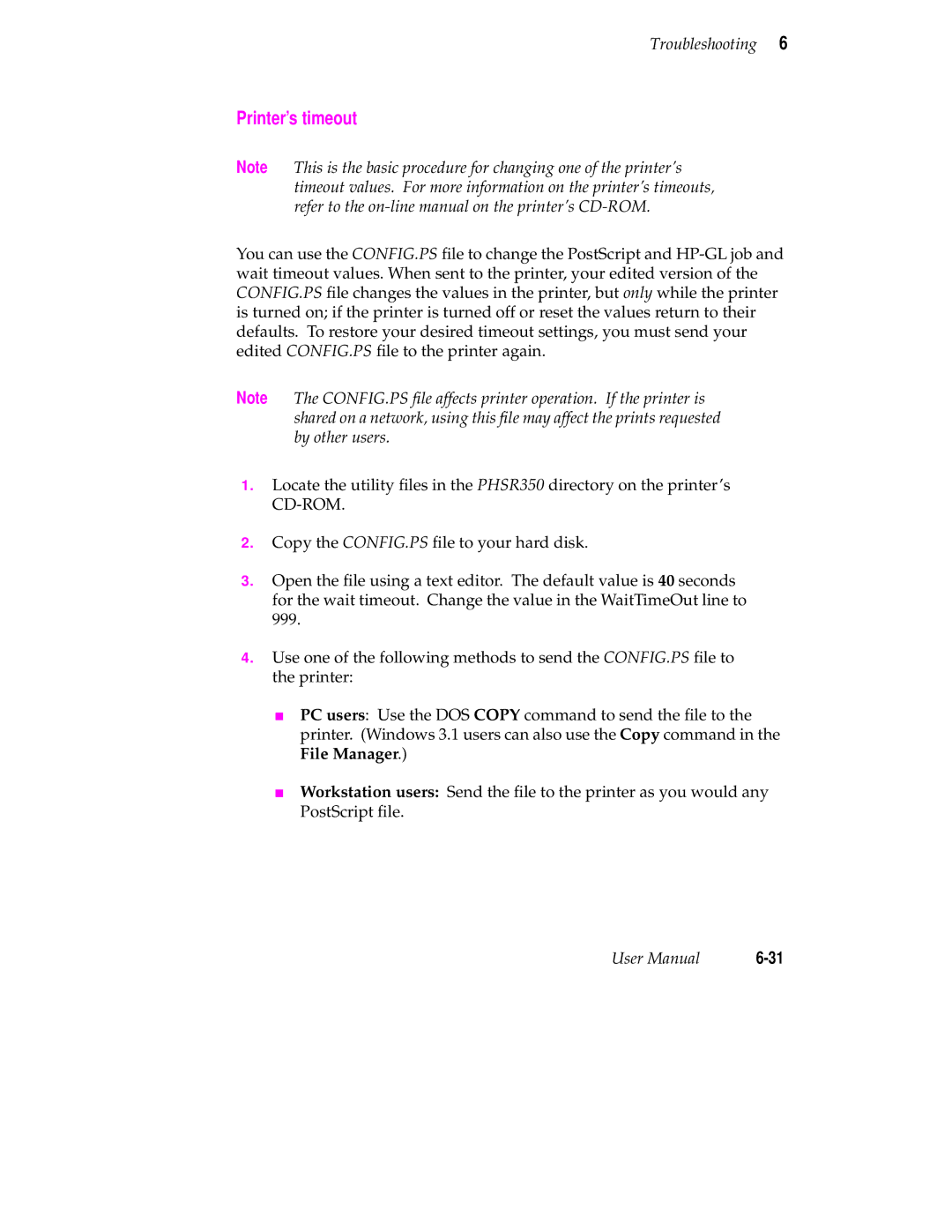 Tektronix Phaser 350 manual Printer’s timeout 