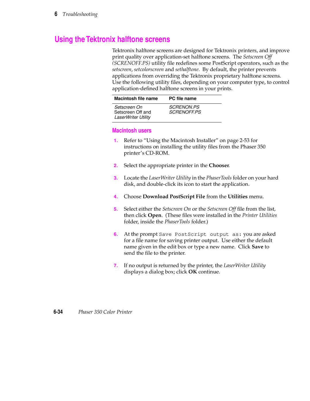 Tektronix Phaser 350 manual Using the Tektronix halftone screens, Macintosh users 