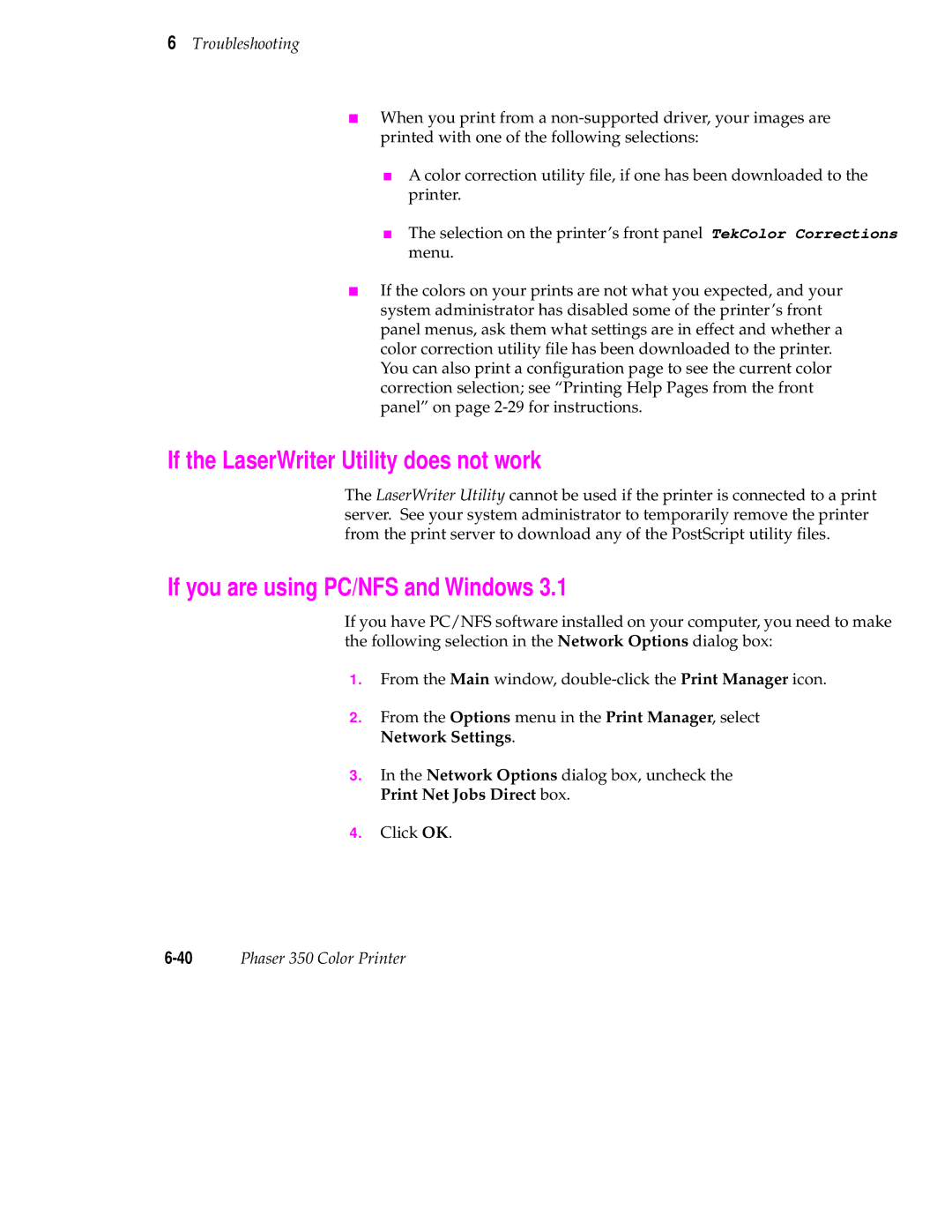 Tektronix Phaser 350 manual If the LaserWriter Utility does not work, If you are using PC/NFS and Windows 