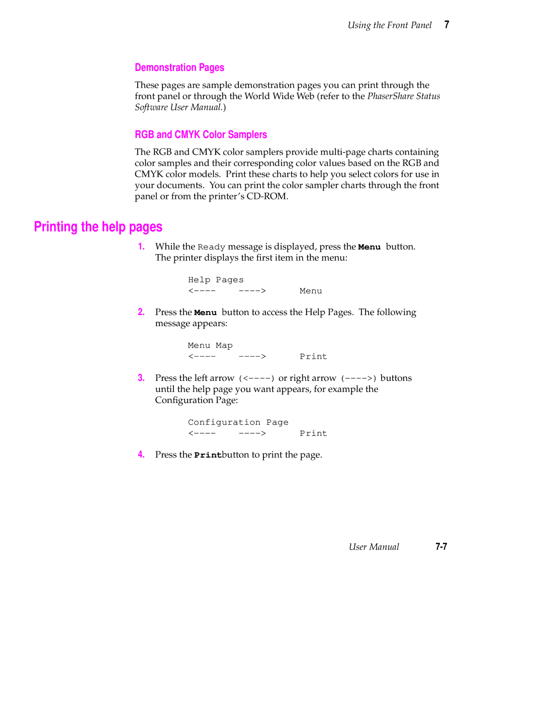 Tektronix Phaser 350 manual Printing the help pages, Demonstration Pages RGB and Cmyk Color Samplers 