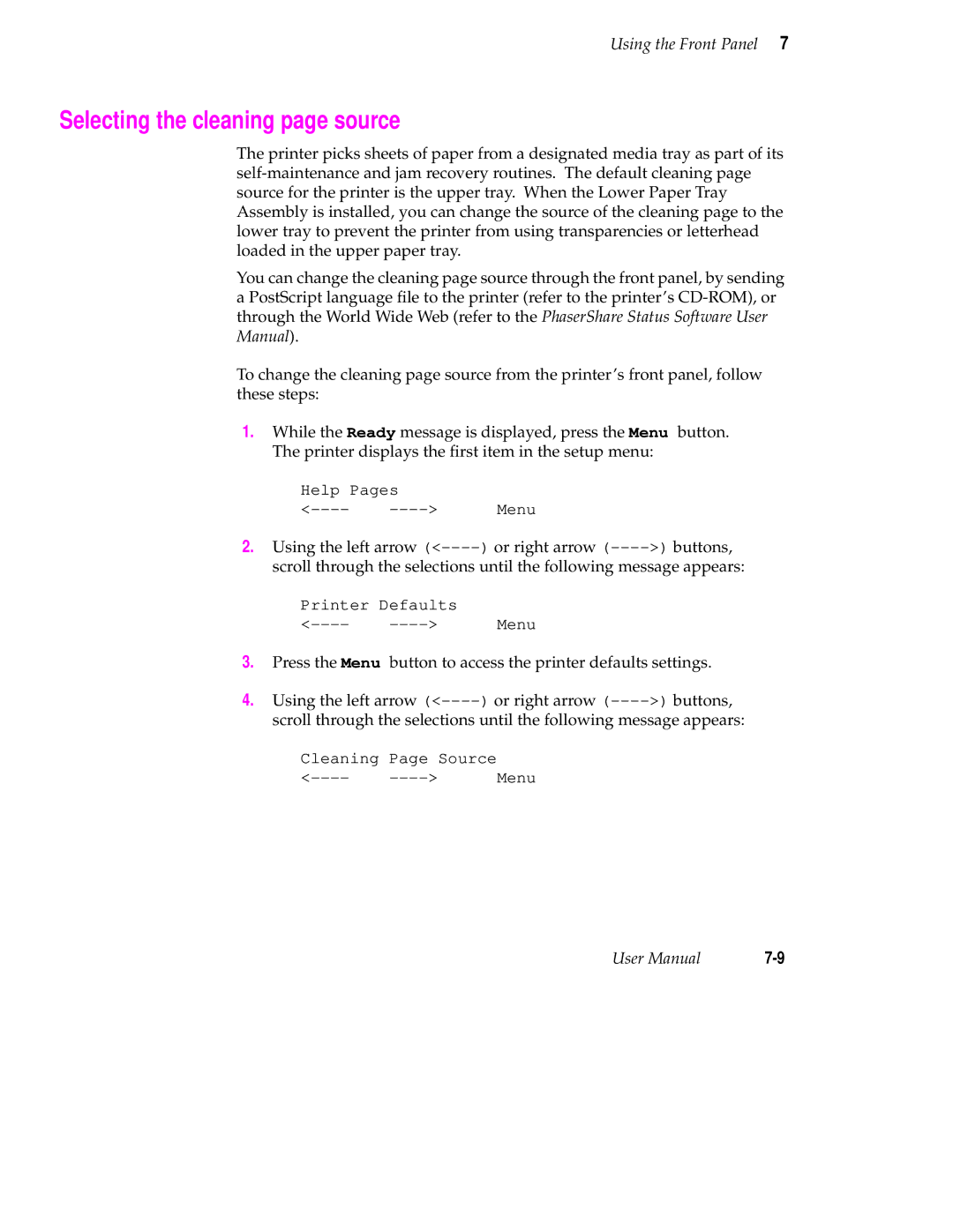 Tektronix Phaser 350 manual Selecting the cleaning page source 