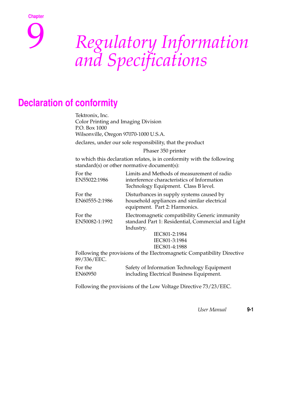 Tektronix Phaser 350 manual Regulatory Information Specifications, Declaration of conformity 