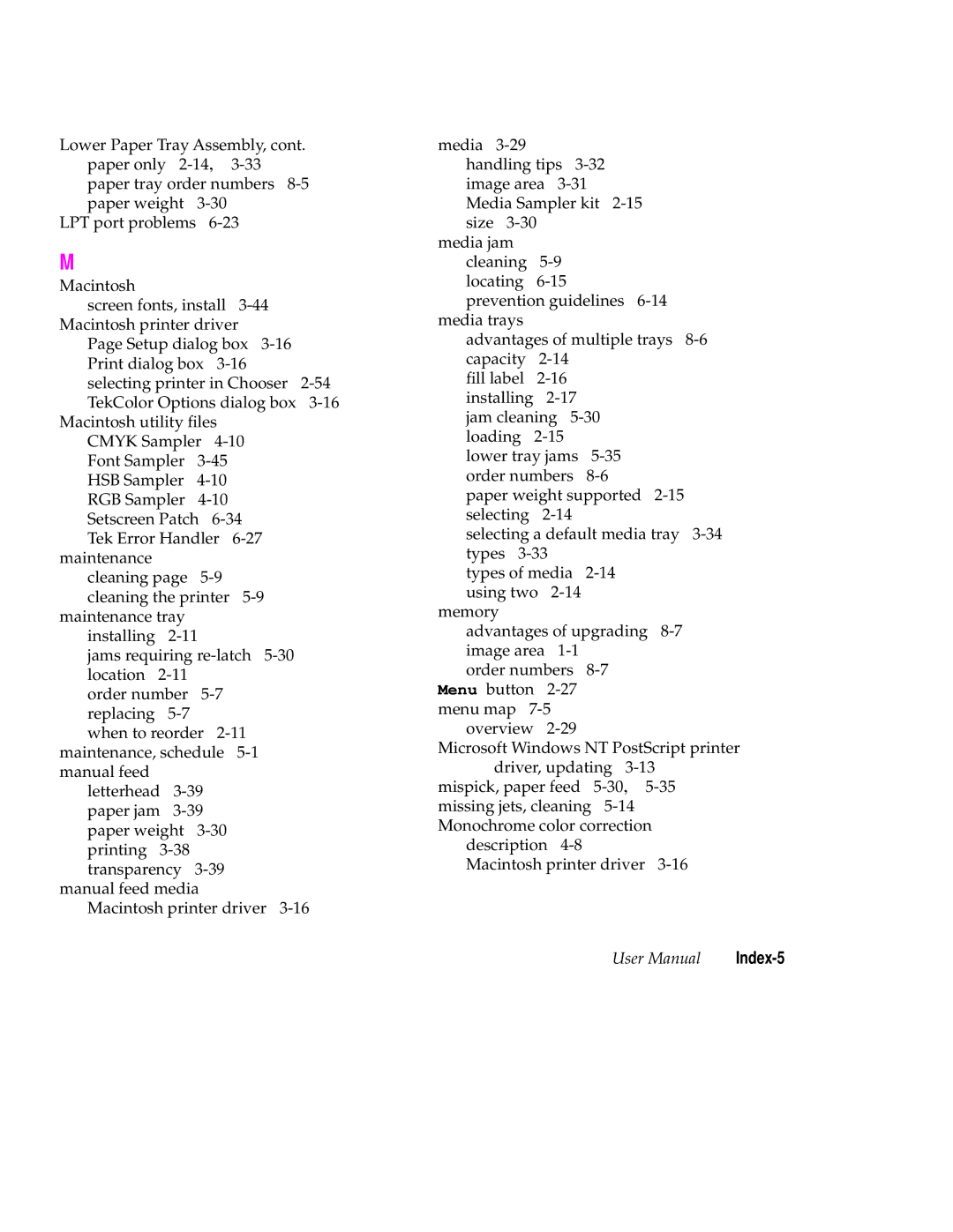 Tektronix Phaser 350 manual Index-5 