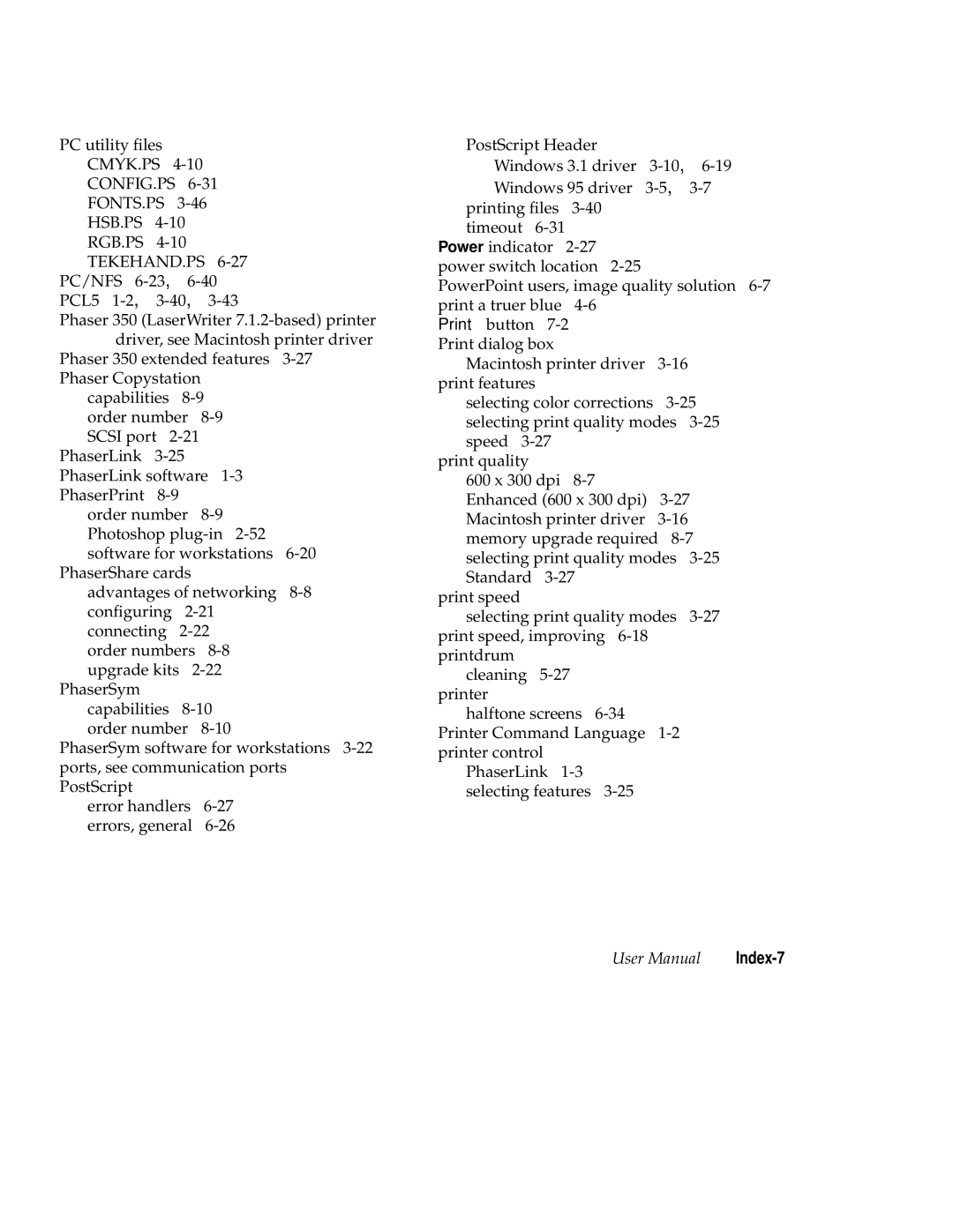 Tektronix Phaser 350 manual Index-7 