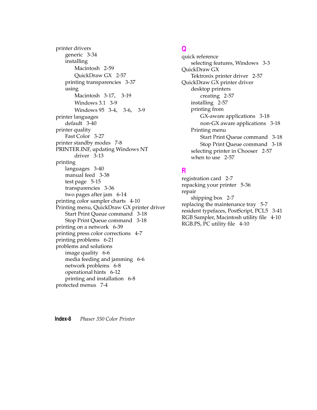 Tektronix manual Index-8Phaser 350 Color Printer 