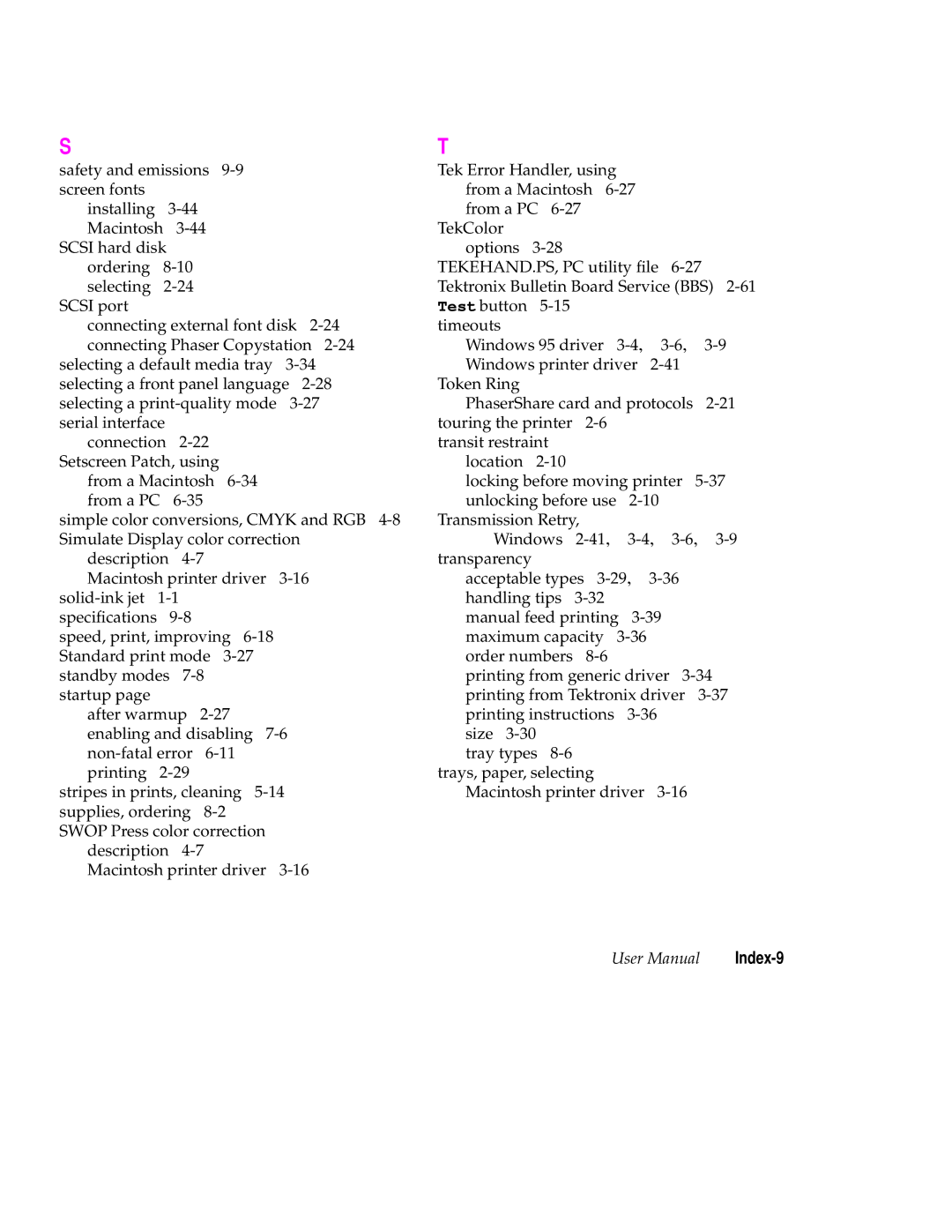 Tektronix Phaser 350 manual Index-9 