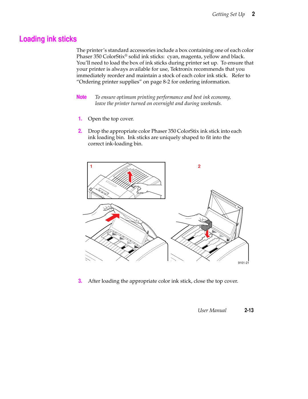 Tektronix Phaser 350 manual Loading ink sticks 