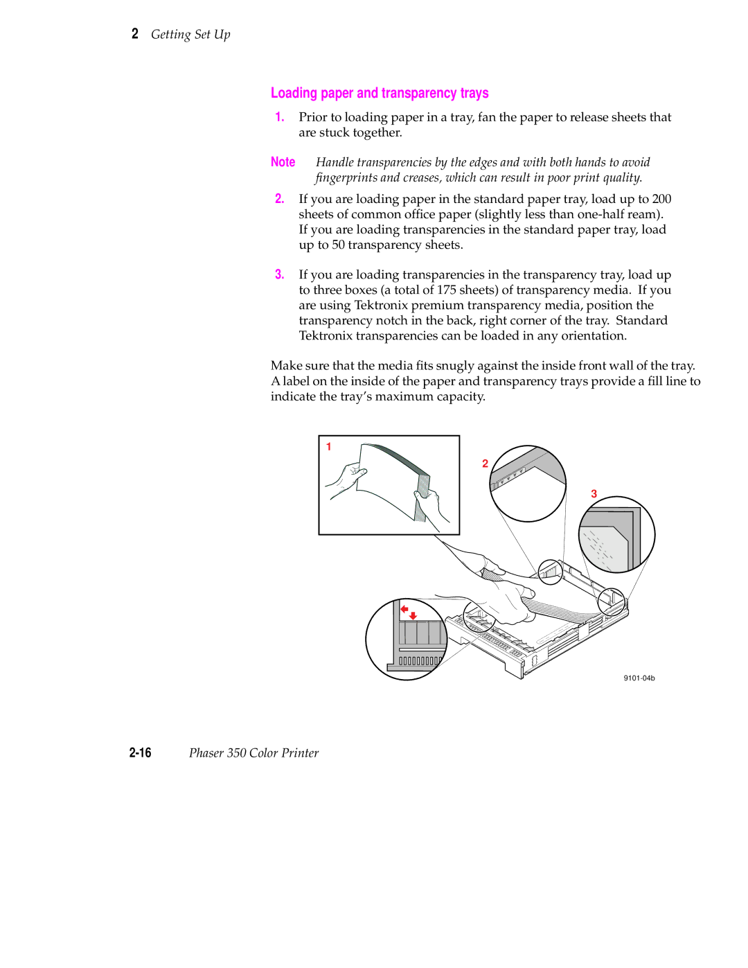 Tektronix Phaser 350 manual Loading paper and transparency trays 