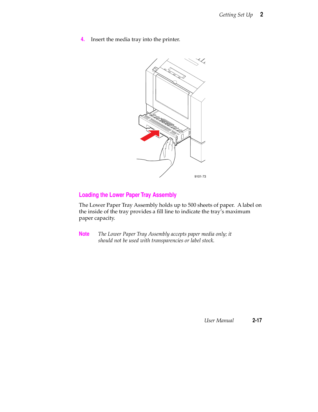 Tektronix Phaser 350 manual Loading the Lower Paper Tray Assembly 