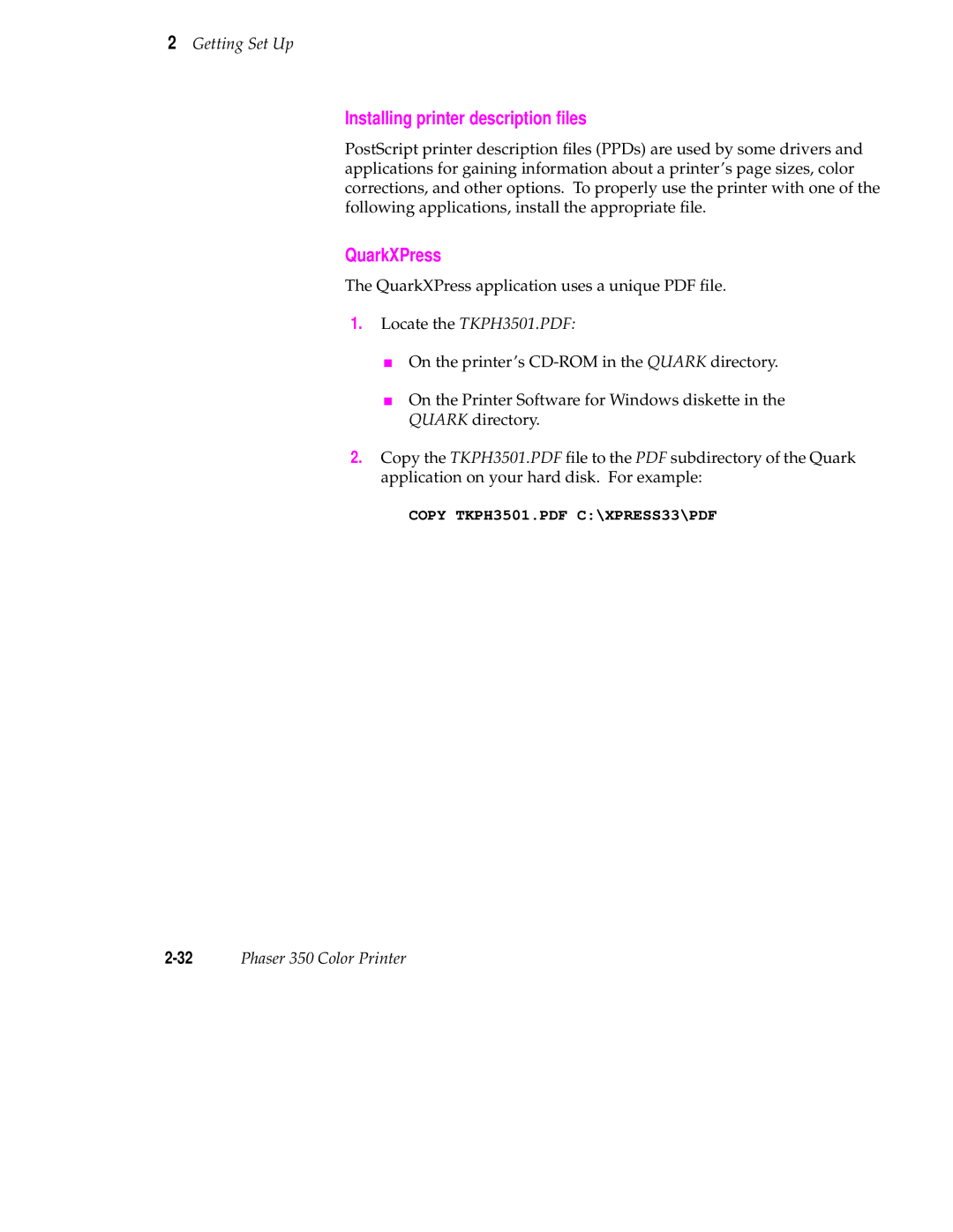 Tektronix Phaser 350 manual Installing printer description ﬁles, QuarkXPress 