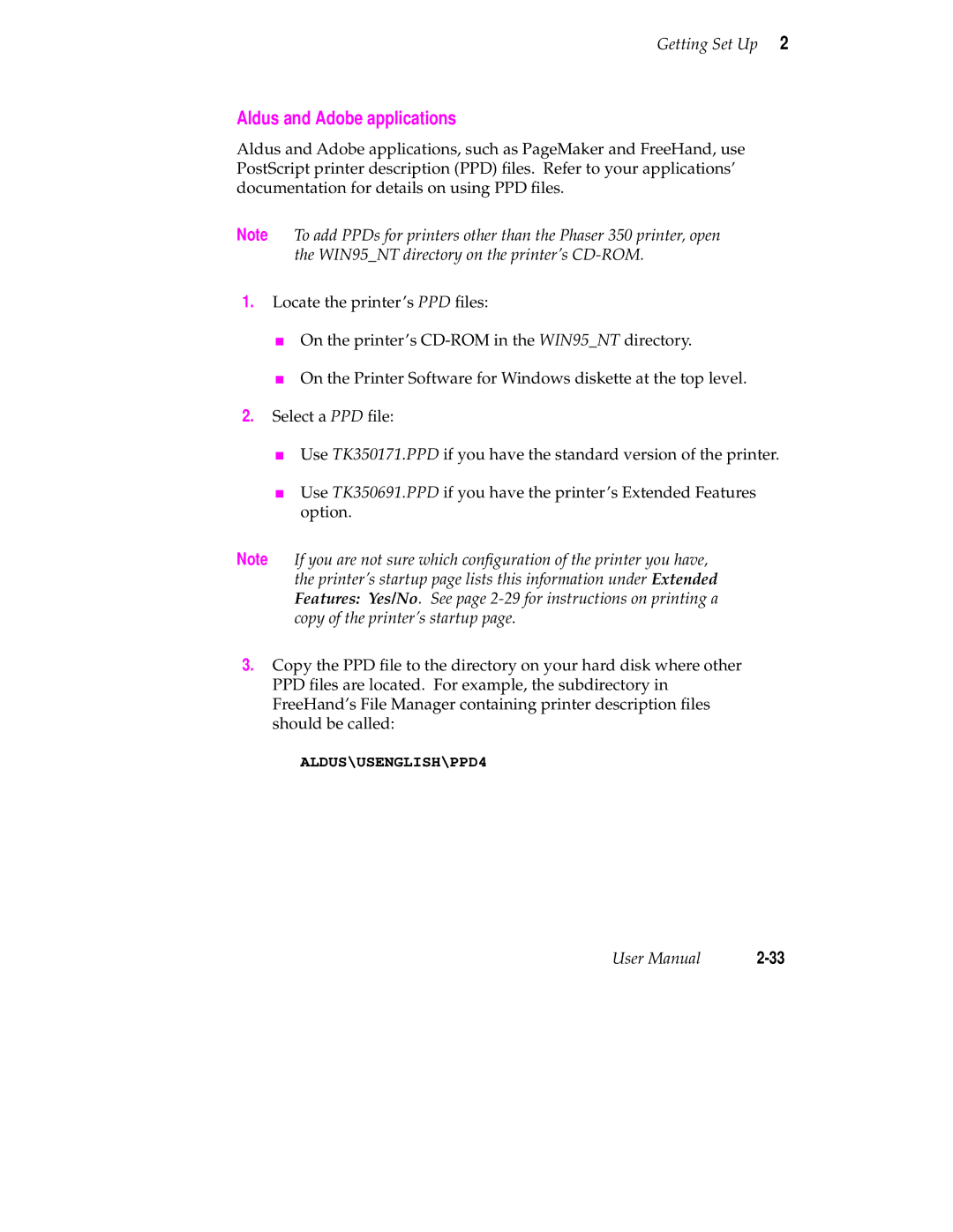 Tektronix Phaser 350 manual Aldus and Adobe applications 