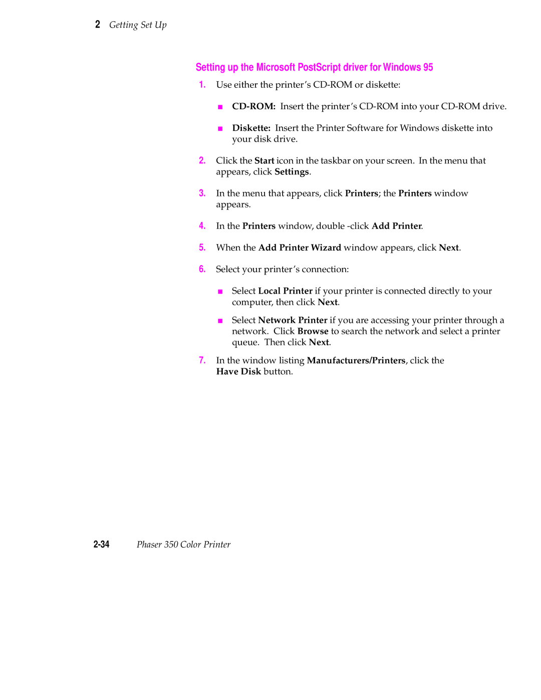 Tektronix Phaser 350 manual Setting up the Microsoft PostScript driver for Windows 