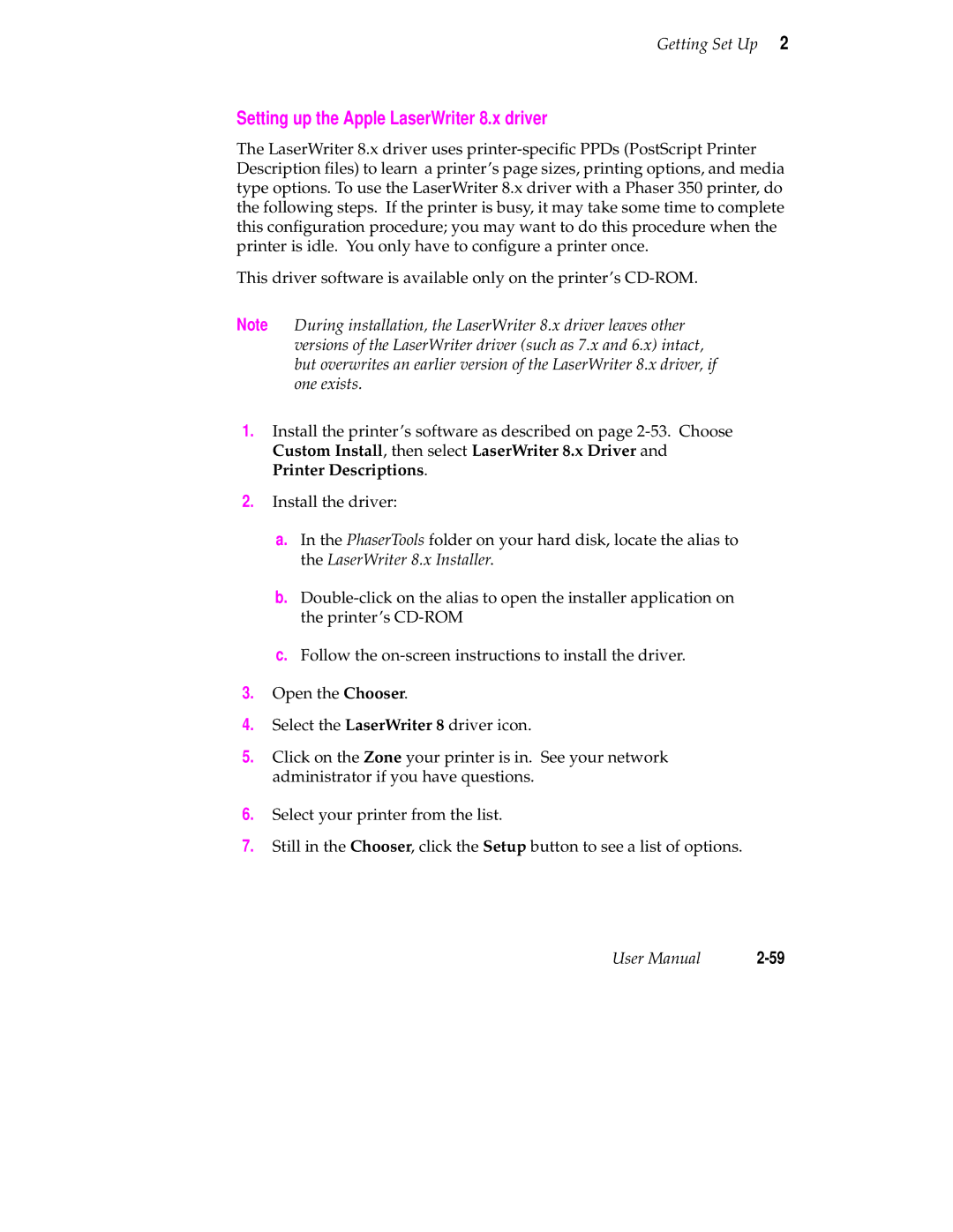 Tektronix Phaser 350 manual Setting up the Apple LaserWriter 8.x driver 